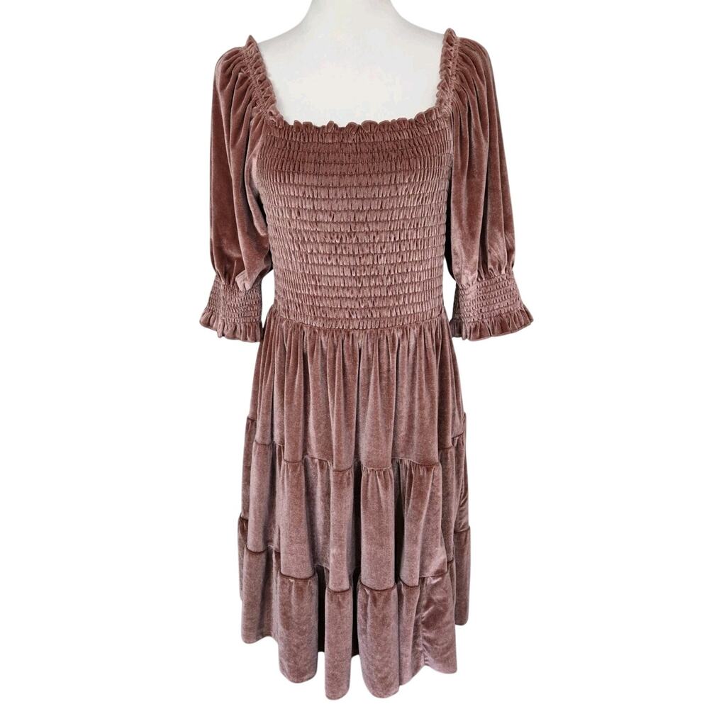 NEW Baltic Born Bliss Smocked Velvet Tiered Mini Mauve Rose Gold Dress Sz XL